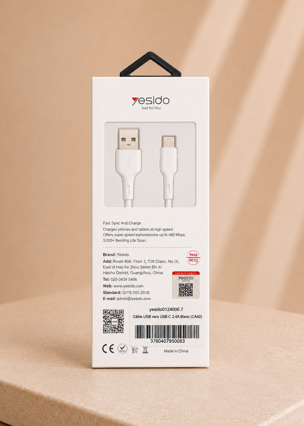 Câble USB vers USB-C Yesido CA42 – 1 m – Charge Rapide 2.4A